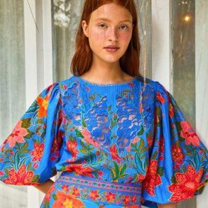 Farm Rio Blue Tropical Tapestry Blouse